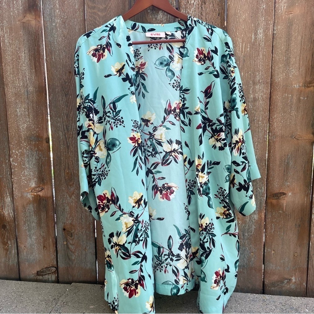 EVRI Women’s Teal Floral Open Front Kimono Cardigan Shawl Robe Size 0X